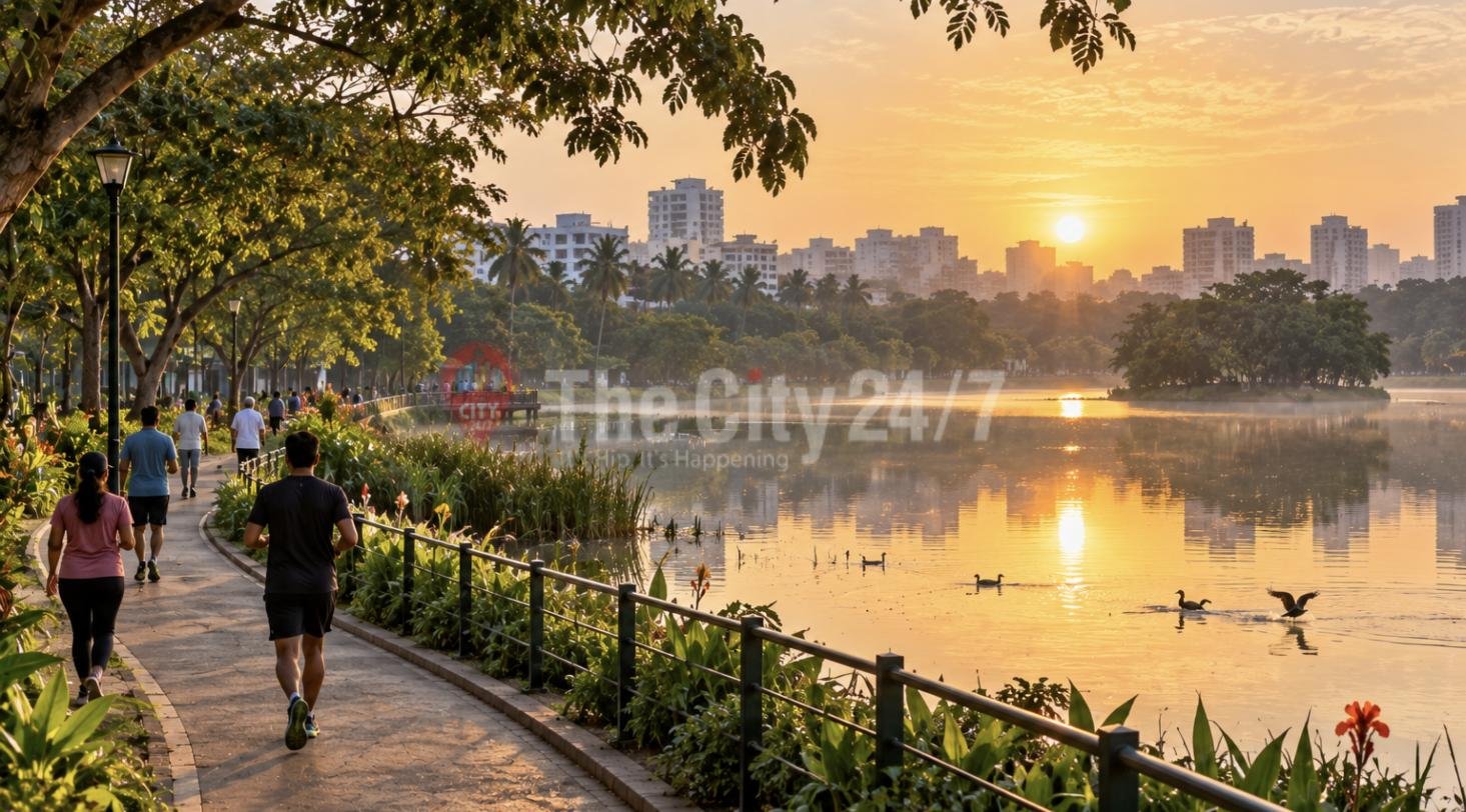 Joggers on a sunrise walking path along Agara Lake, with water birds on the water