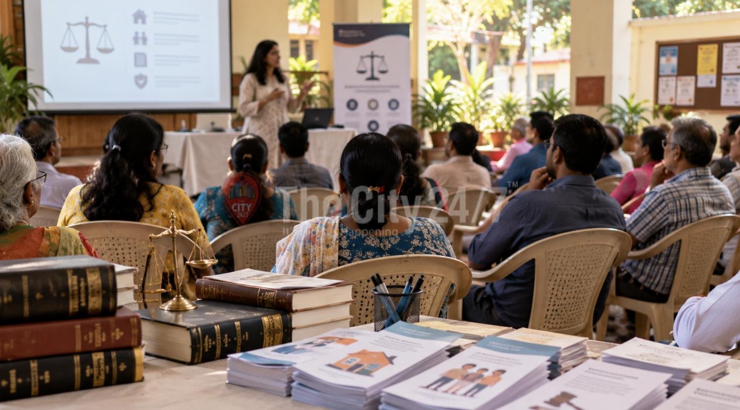 A community legal-awareness session with residents seated before a speaker, and law books on a table
