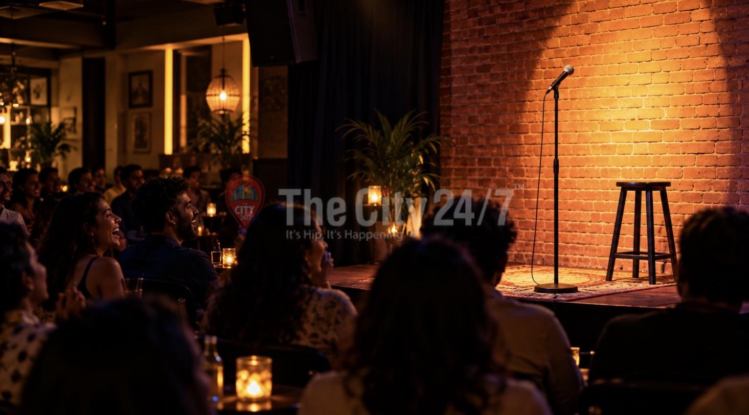 A warmly lit comedy club with a microphone and stool on a brick-walled stage and an audience laughing