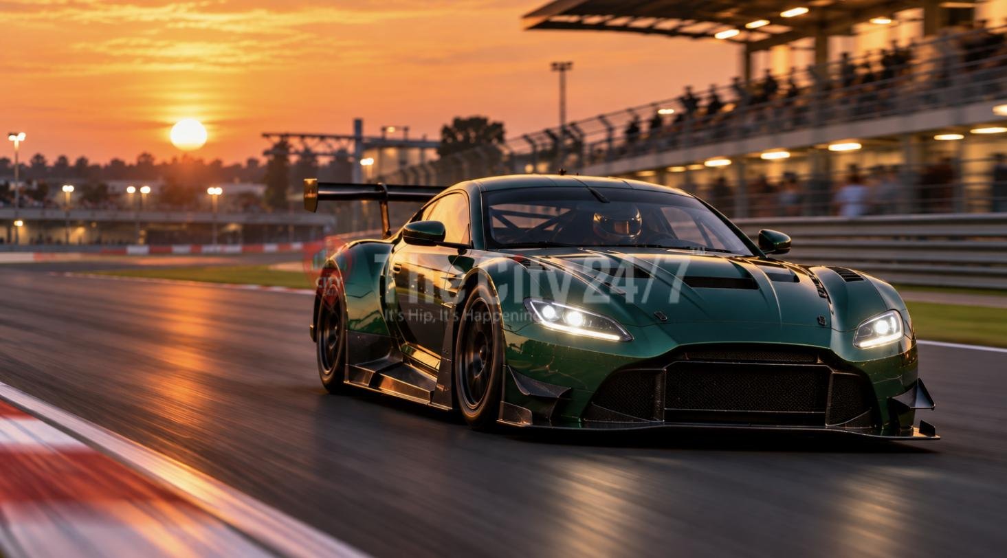 A dark green race car on a circuit at sunset with a grandstand behind it