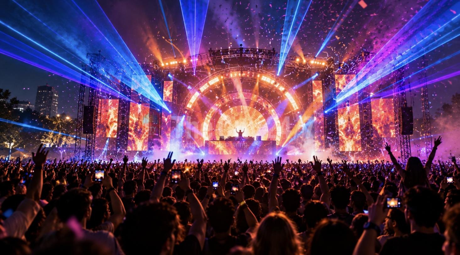 A huge open-air festival crowd facing a DJ stage lit with blue lasers, screens and confetti