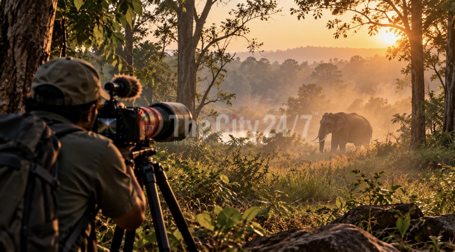 A wildlife filmmaker with a camera on a tripod filming an elephant in a misty forest at sunrise