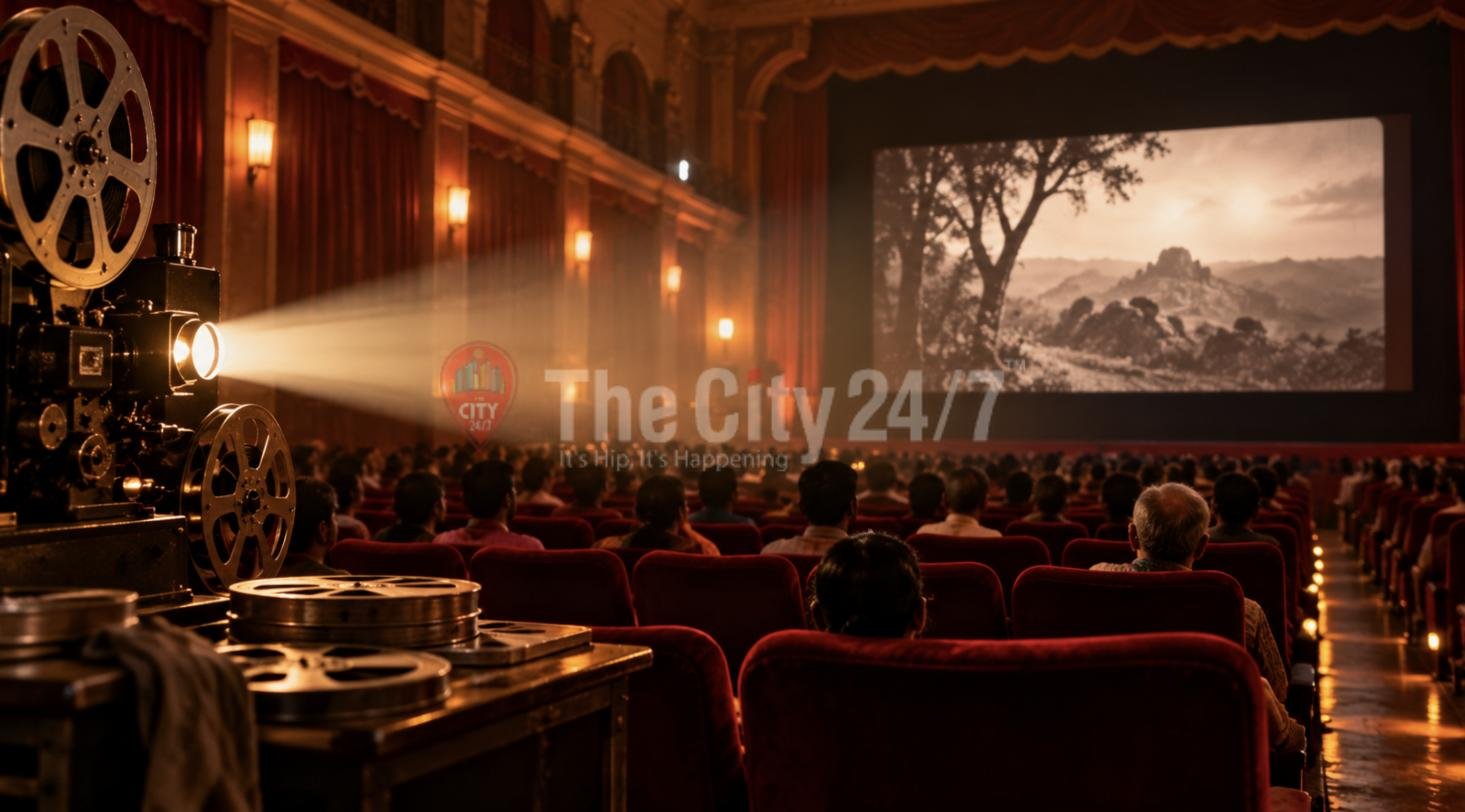 A grand old cinema hall with red velvet seats, a vintage film projector and reels, and a black-and-white film on screen