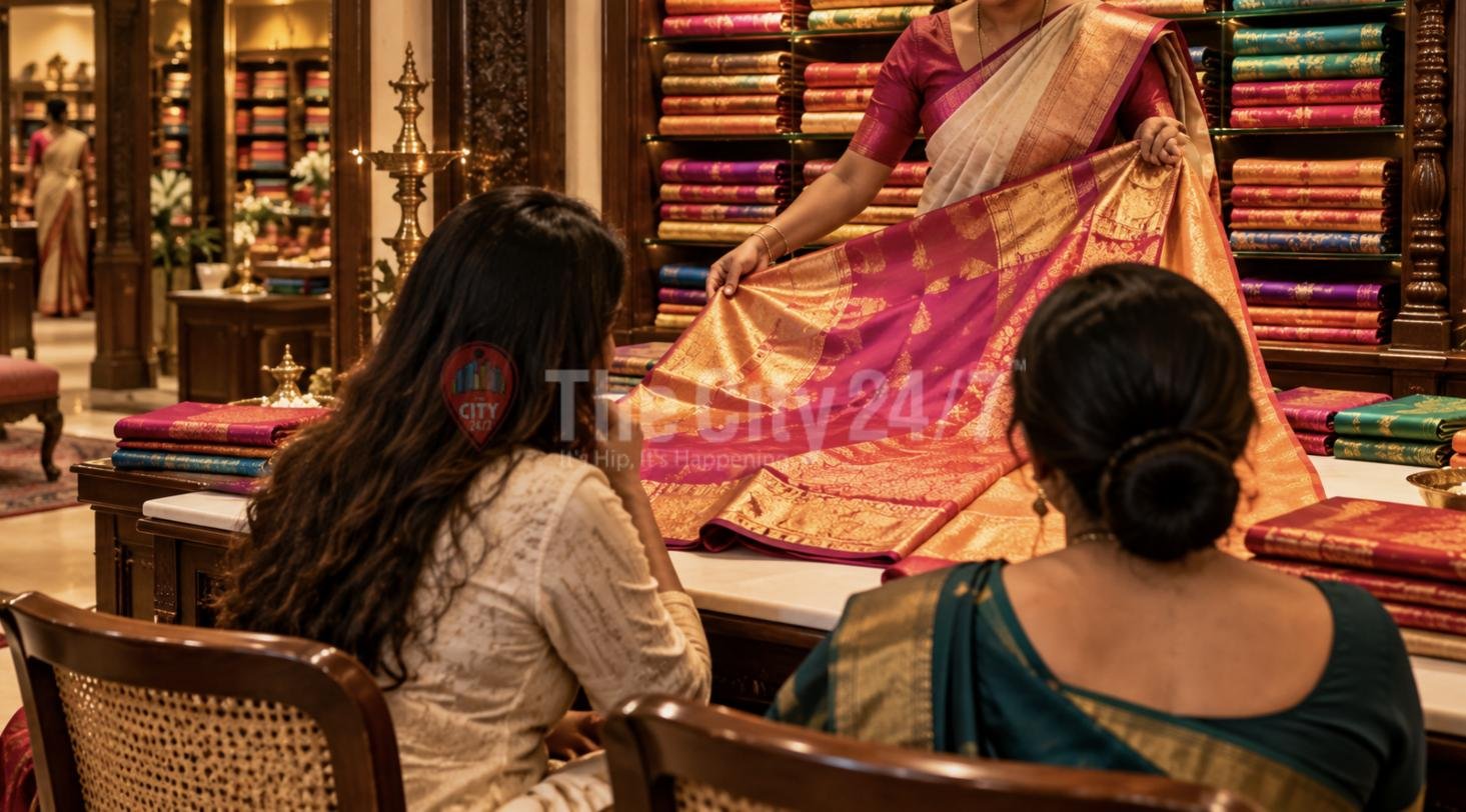 A shop assistant unfolding a pink and gold silk saree for two seated customers, with shelves of folded sarees behind