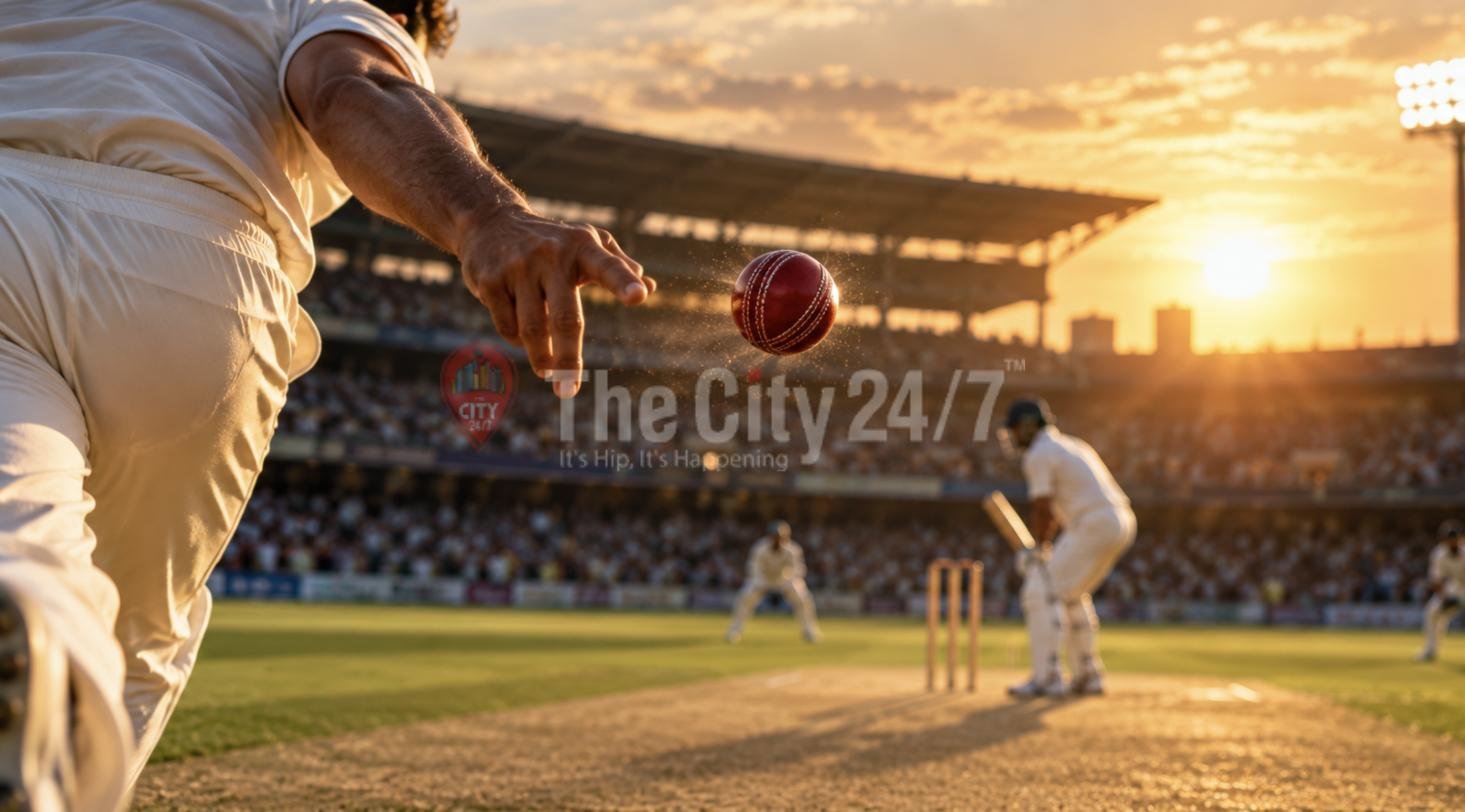 A bowler releasing a red cricket ball towards a batter in a packed stadium at sunset