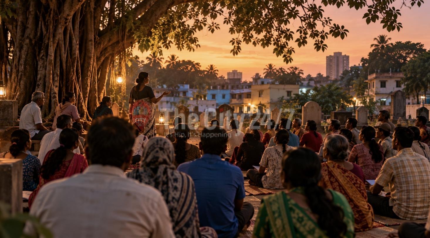 A woman addressing residents seated beneath a banyan tree at dusk, with lanterns and city homes behind