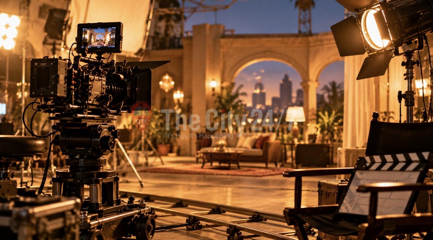 A film set at dusk with a cinema camera on a dolly track, studio lights, a clapperboard and an arched terrace set