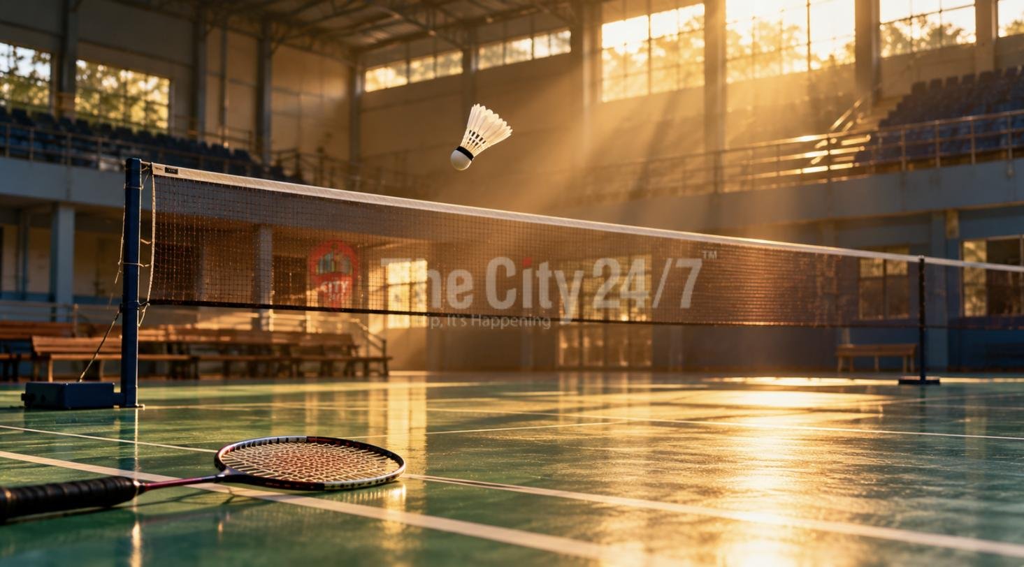 An empty indoor badminton court in golden light, with a shuttlecock above the net and a racquet on the floor