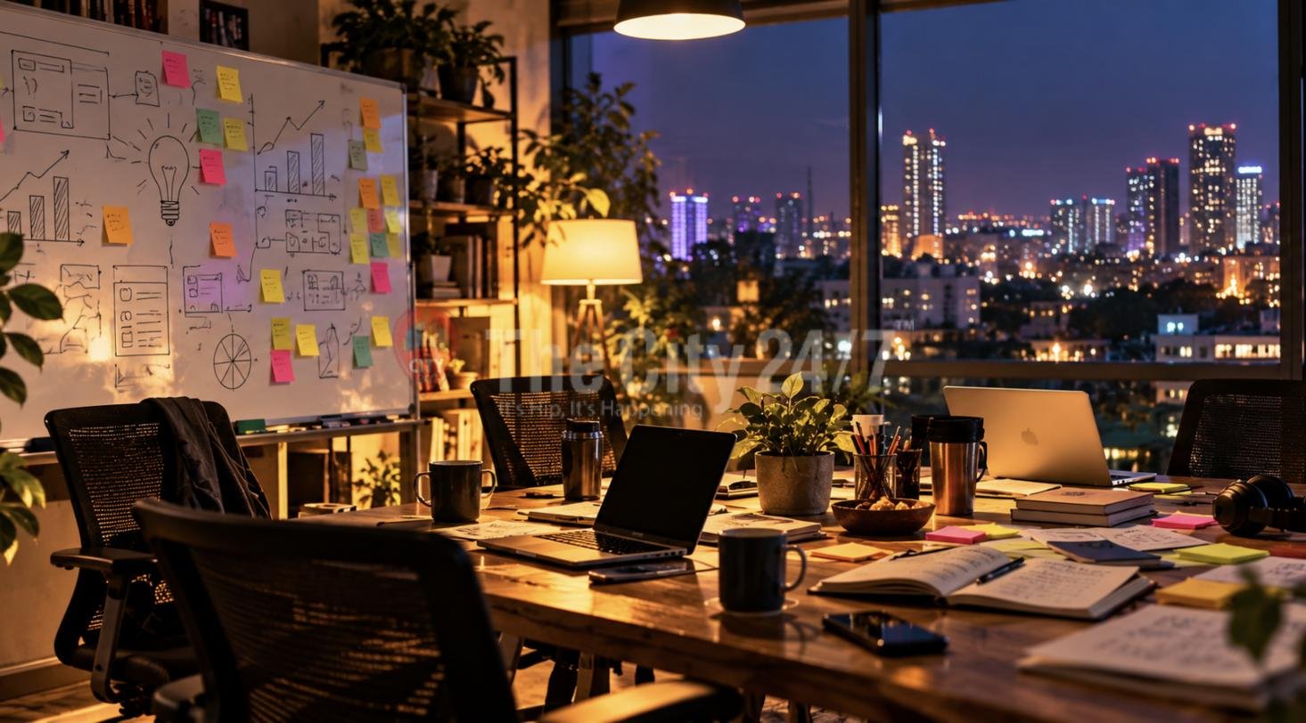 A startup office at night with a whiteboard of sticky notes, laptops on a long table and a city skyline outside