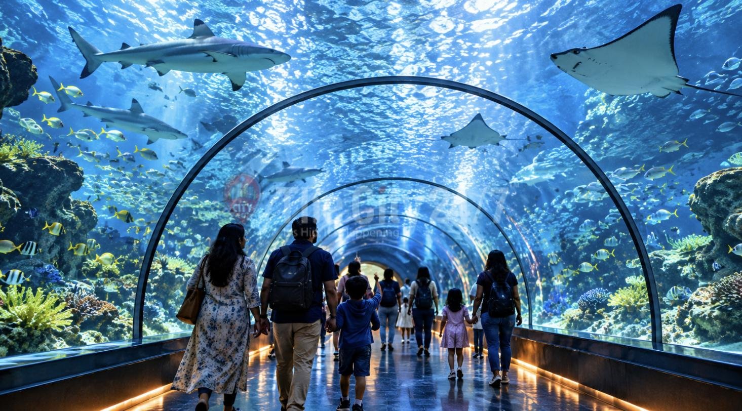 Families walking through a glass aquarium tunnel with sharks, rays and shoals of fish overhead