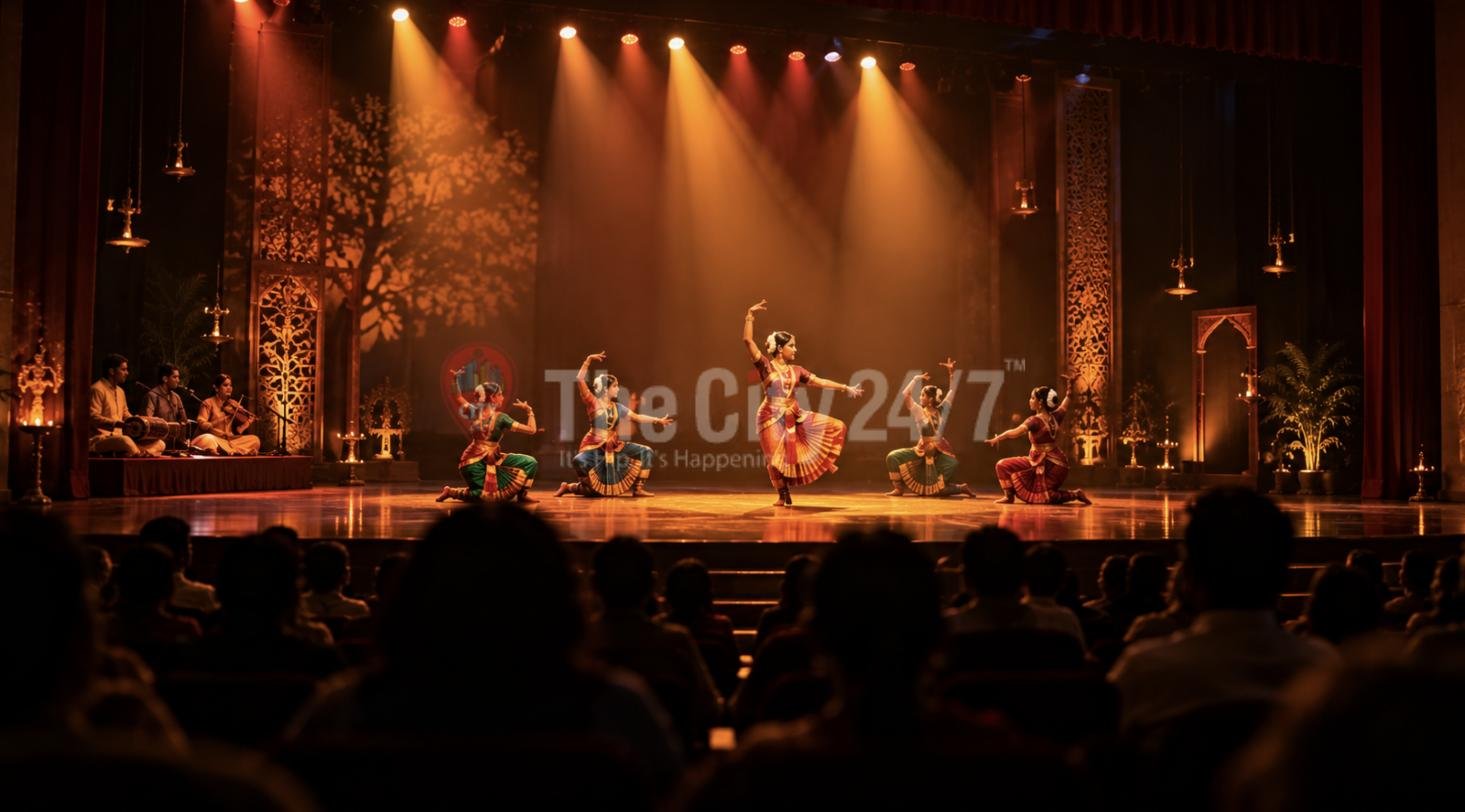 Five Bharatanatyam dancers performing on a lit stage with live musicians, watched by a seated audience