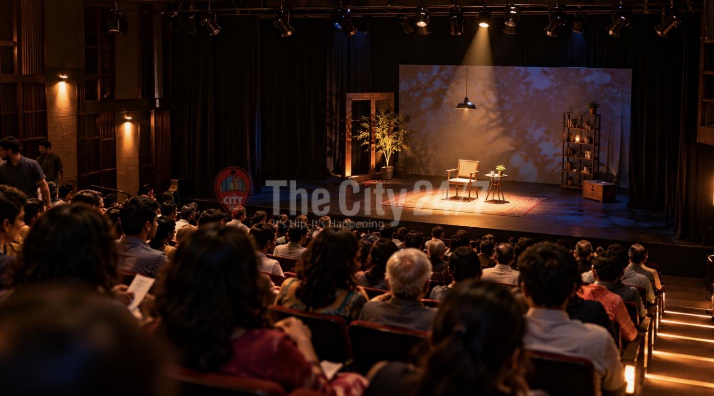 A full theatre audience facing a softly lit stage set with a chair, side table, rug and bookshelf