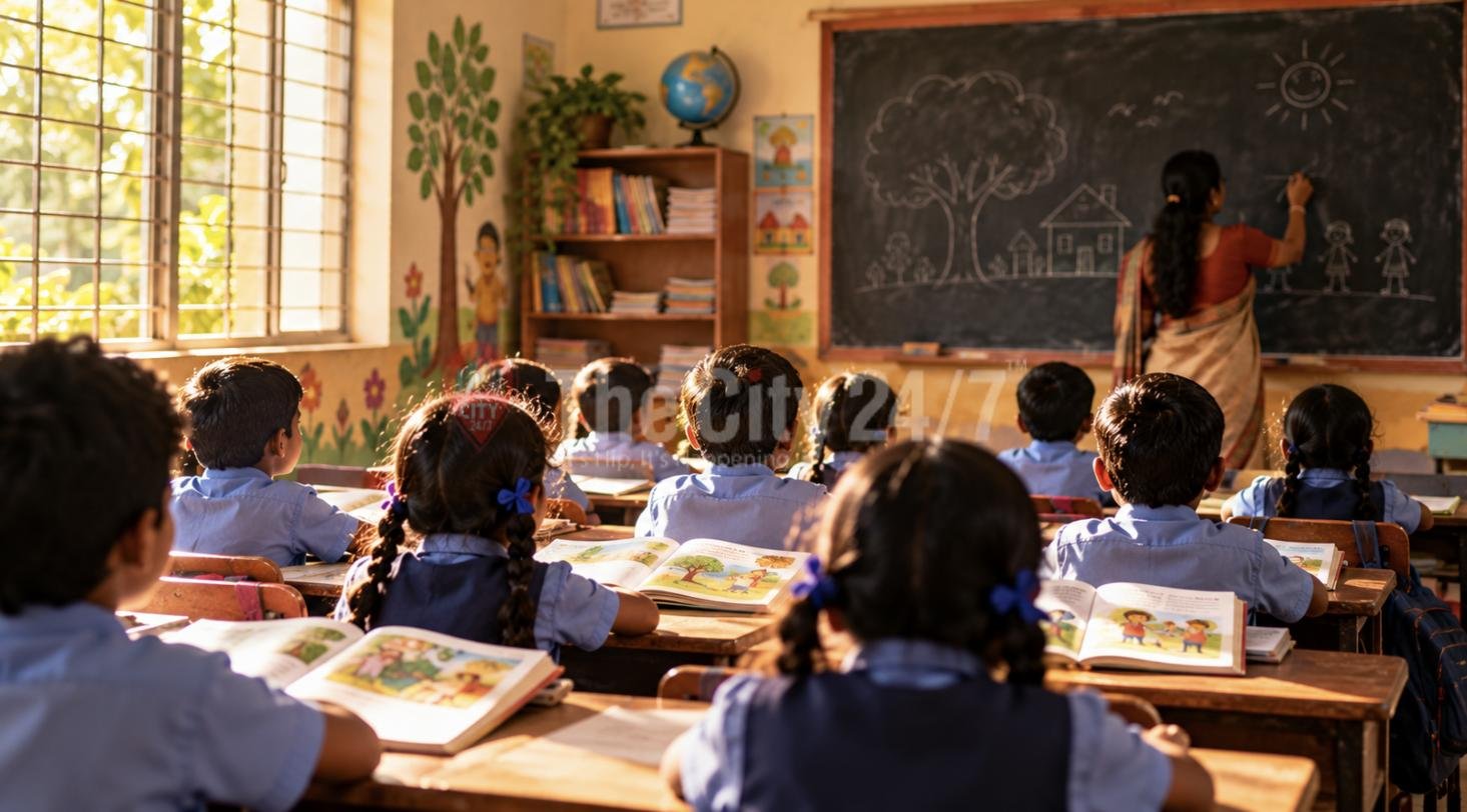 A teacher drawing on a chalkboard for a class of uniformed schoolchildren with picture books open on their desks