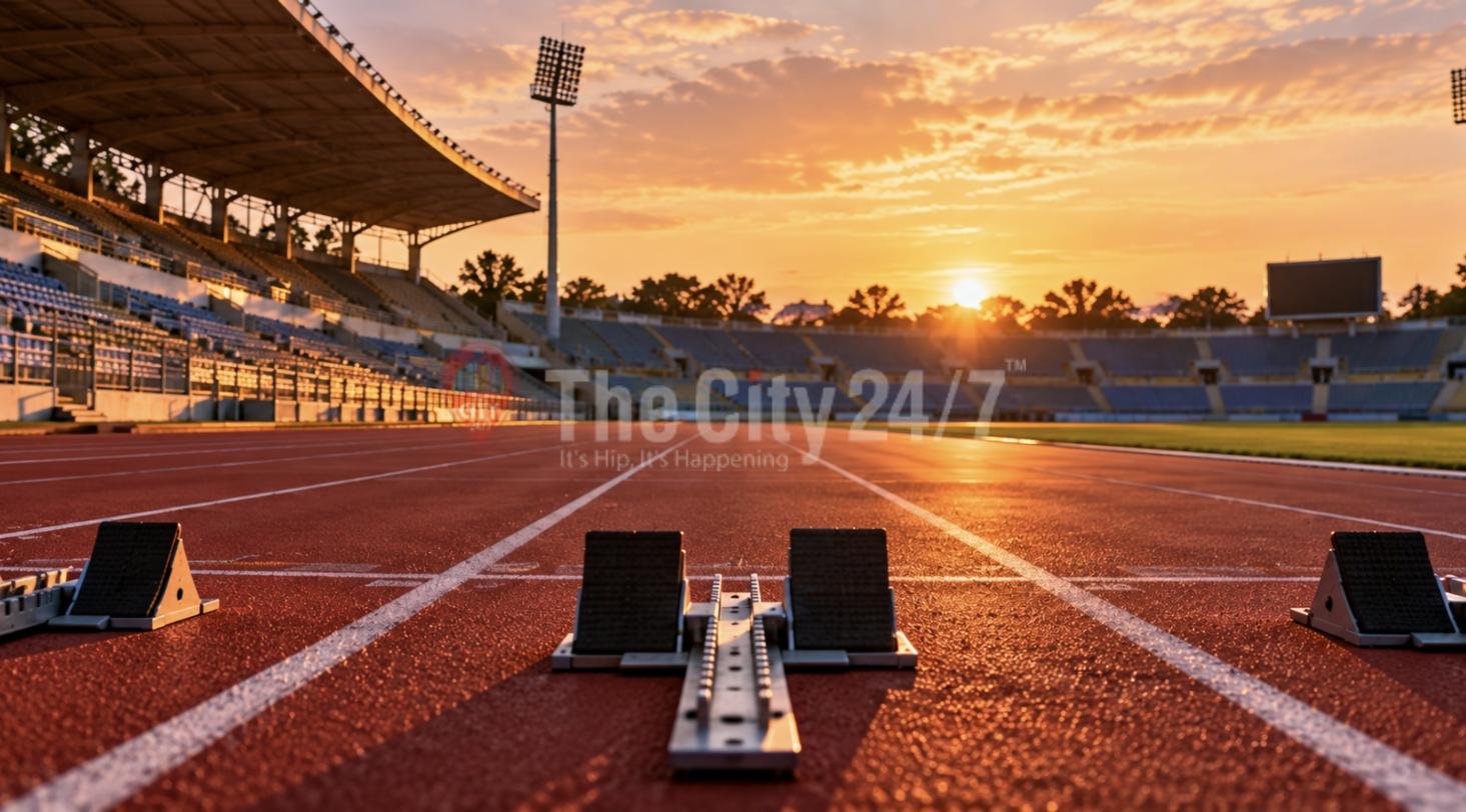 Starting blocks on an empty red running track in a stadium at sunset