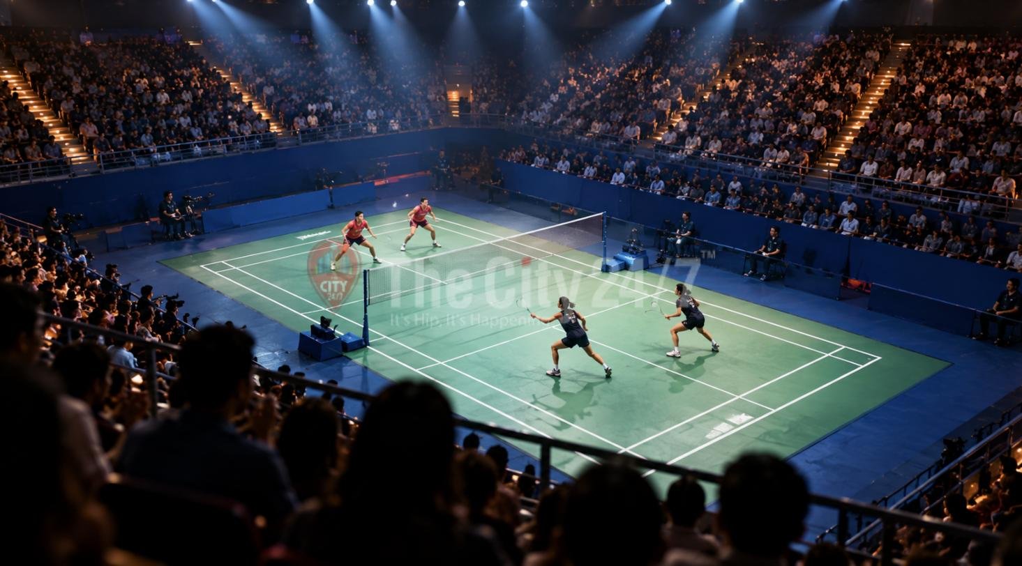 A doubles badminton match on a green court under spotlights in a packed indoor arena