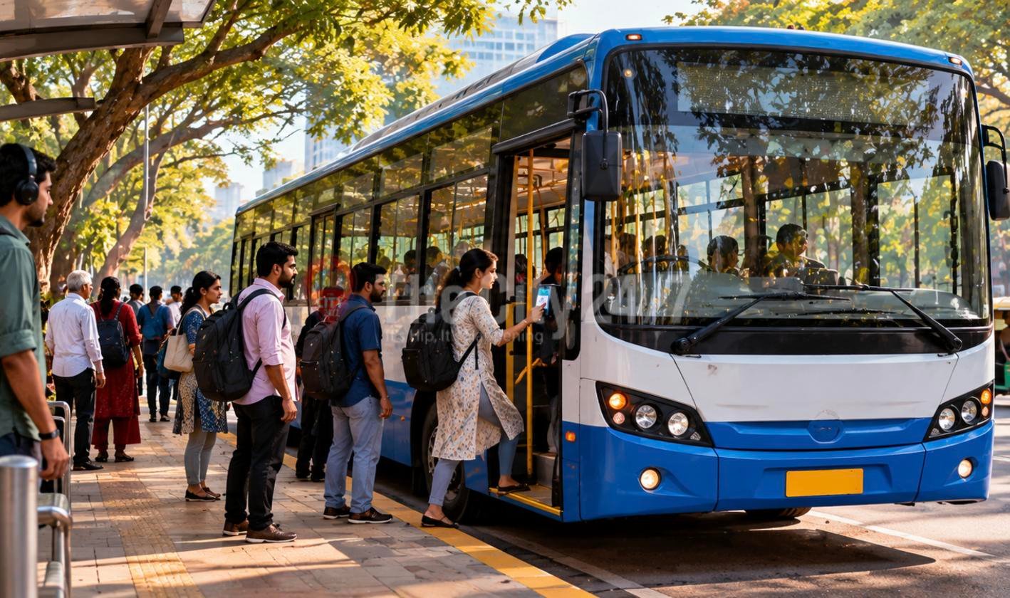 Commuters with backpacks queue at a tree-lined bus stop as a woman boards a blue and white city bus through its front door