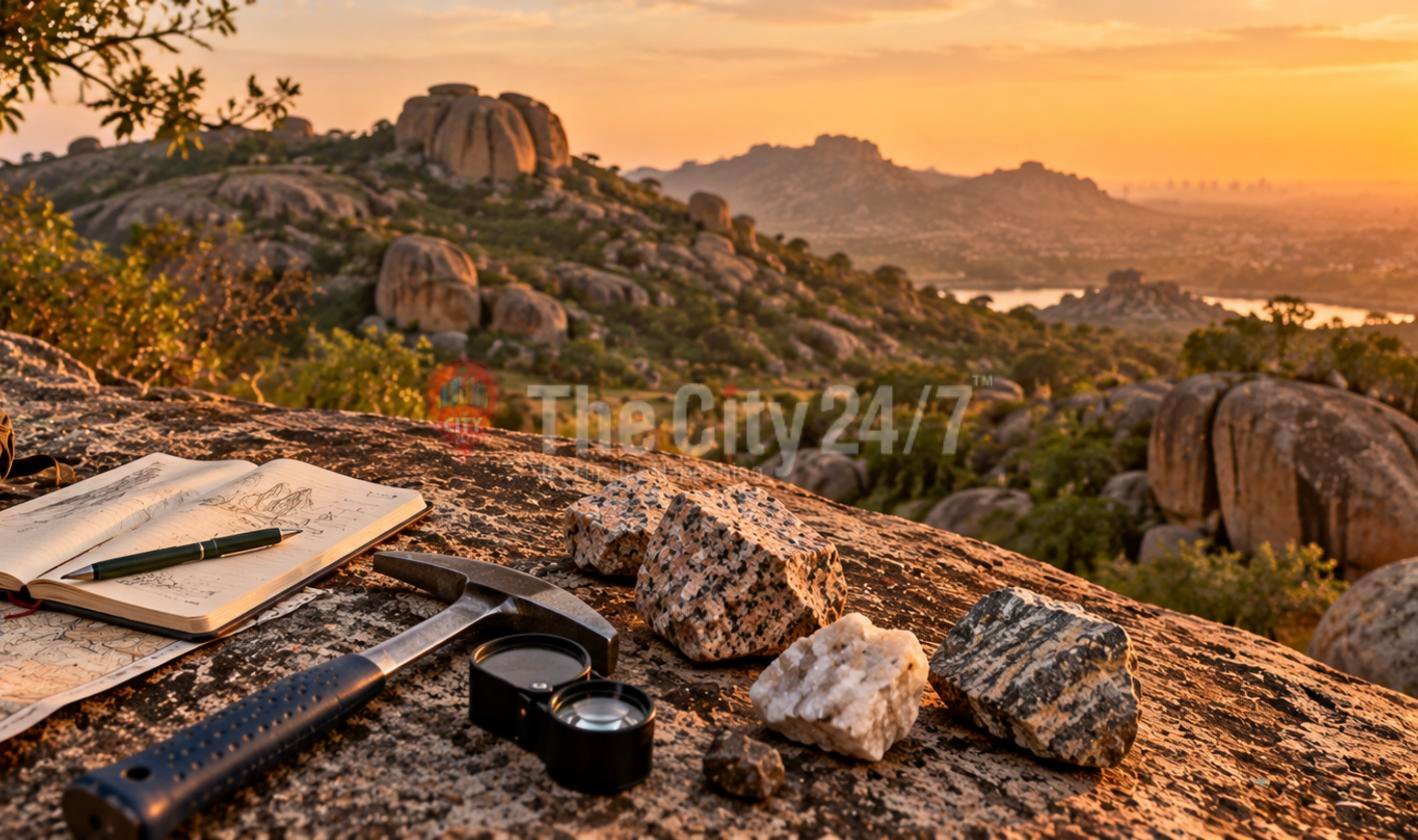 A geologist's hammer, hand lens, field notebook and granite samples on a rock outcrop overlooking boulder-strewn hills at sunset