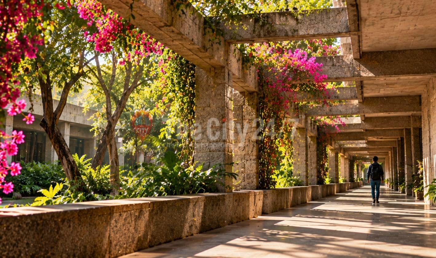 A student walks down a long stone corridor of open pergolas draped in pink bougainvillea, with sunlight falling across the floor