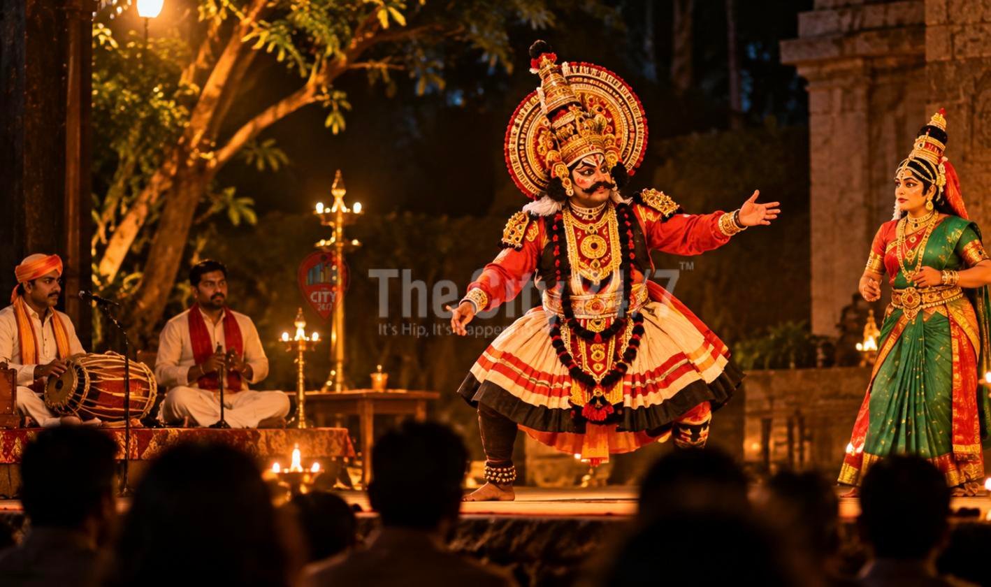 A performer in an ornate red and gold headdress and costume dances on a lamplit open-air stage as musicians play drums beside him