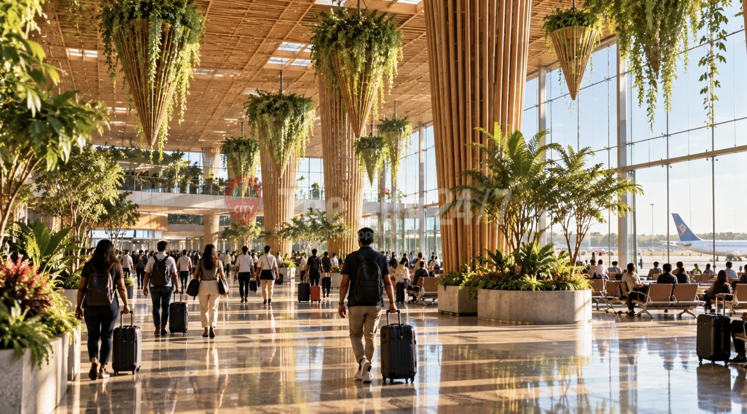 Travellers with wheeled suitcases in a bright airport terminal with bamboo-clad pillars and hanging plants