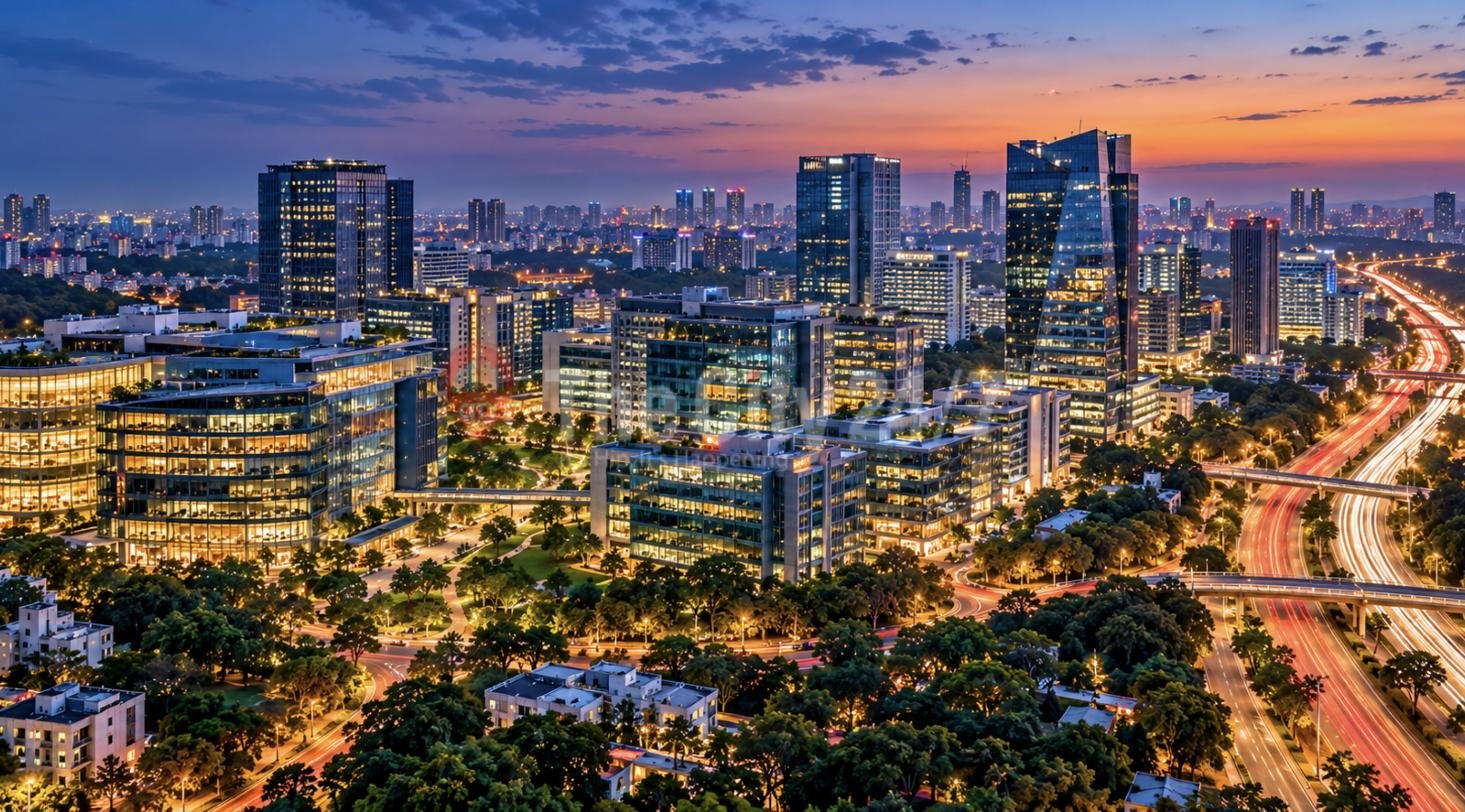 A business district at dusk with lit glass office towers, tree-lined streets and light trails on a highway