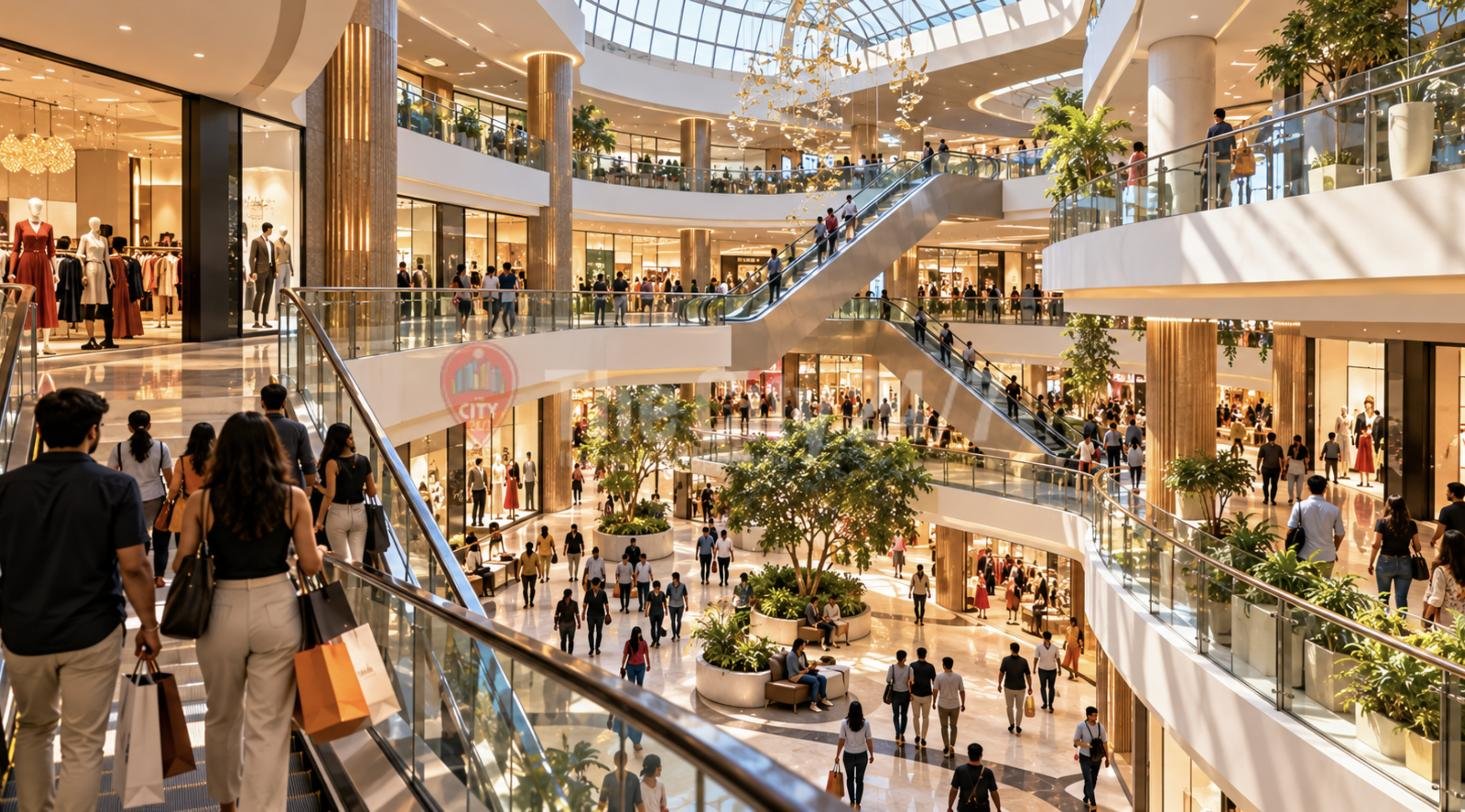 Shoppers on escalators in a bright multi-level mall atrium with a glass dome, fashion stores and indoor trees