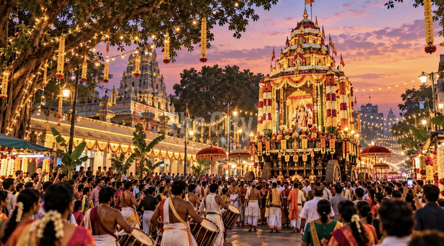 A flower-decked temple chariot procession at dusk with drummers, crowds in traditional dress and strings of lights