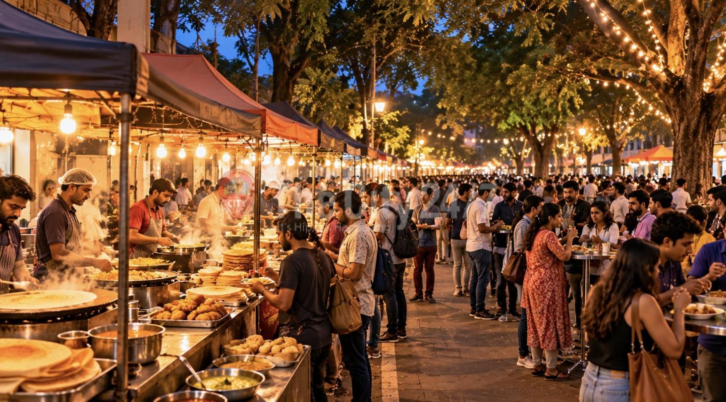 A crowded evening food street with vendors cooking dosas and snacks under lit stalls and people eating at tables