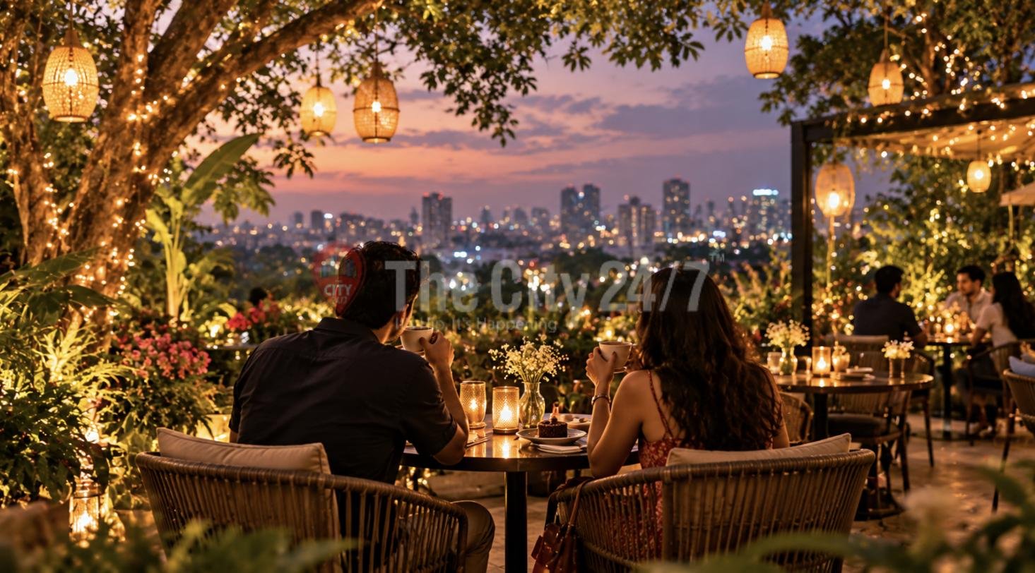 A couple sharing coffee and dessert at a candlelit rooftop garden table overlooking the city at dusk