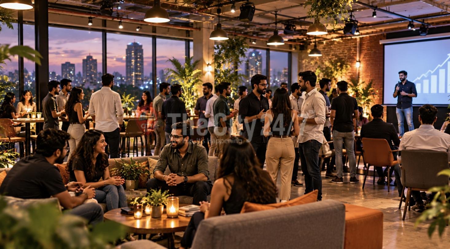 A startup networking evening in a loft space with people mingling and a speaker presenting a growth chart