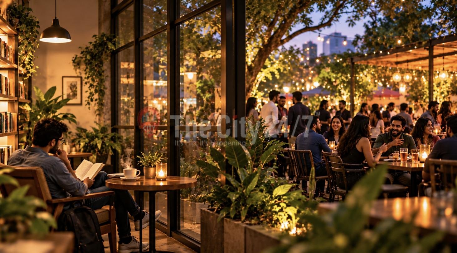 A man reading alone with tea inside a cafe while a lively crowd chats at tables on the lit terrace outside
