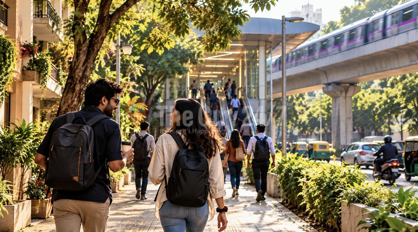 Young professionals with backpacks and coffee walking along a leafy sidewalk towards a metro station, a train passing overhead