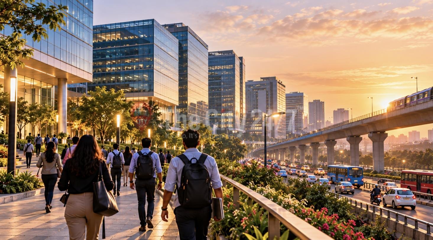 Office workers with backpacks walking past glass tech towers at sunset, a metro train and buses on the road beside