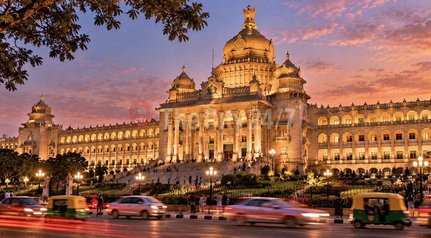 Vidhana Soudha lit up at dusk, with auto rickshaws and cars streaking past on the road in front