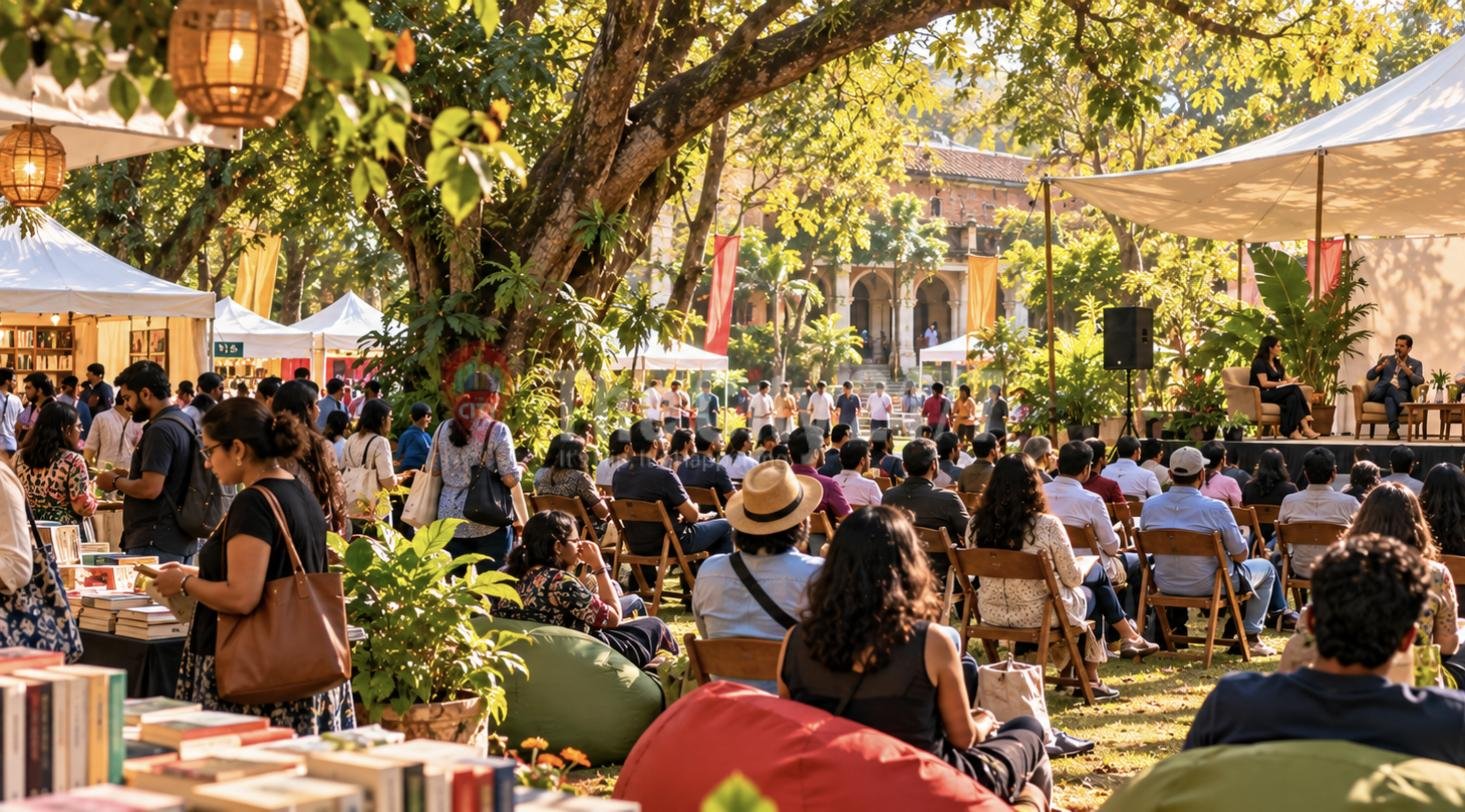 A garden literature festival with an audience on chairs and beanbags facing a stage talk under white canopies, book stalls nearby