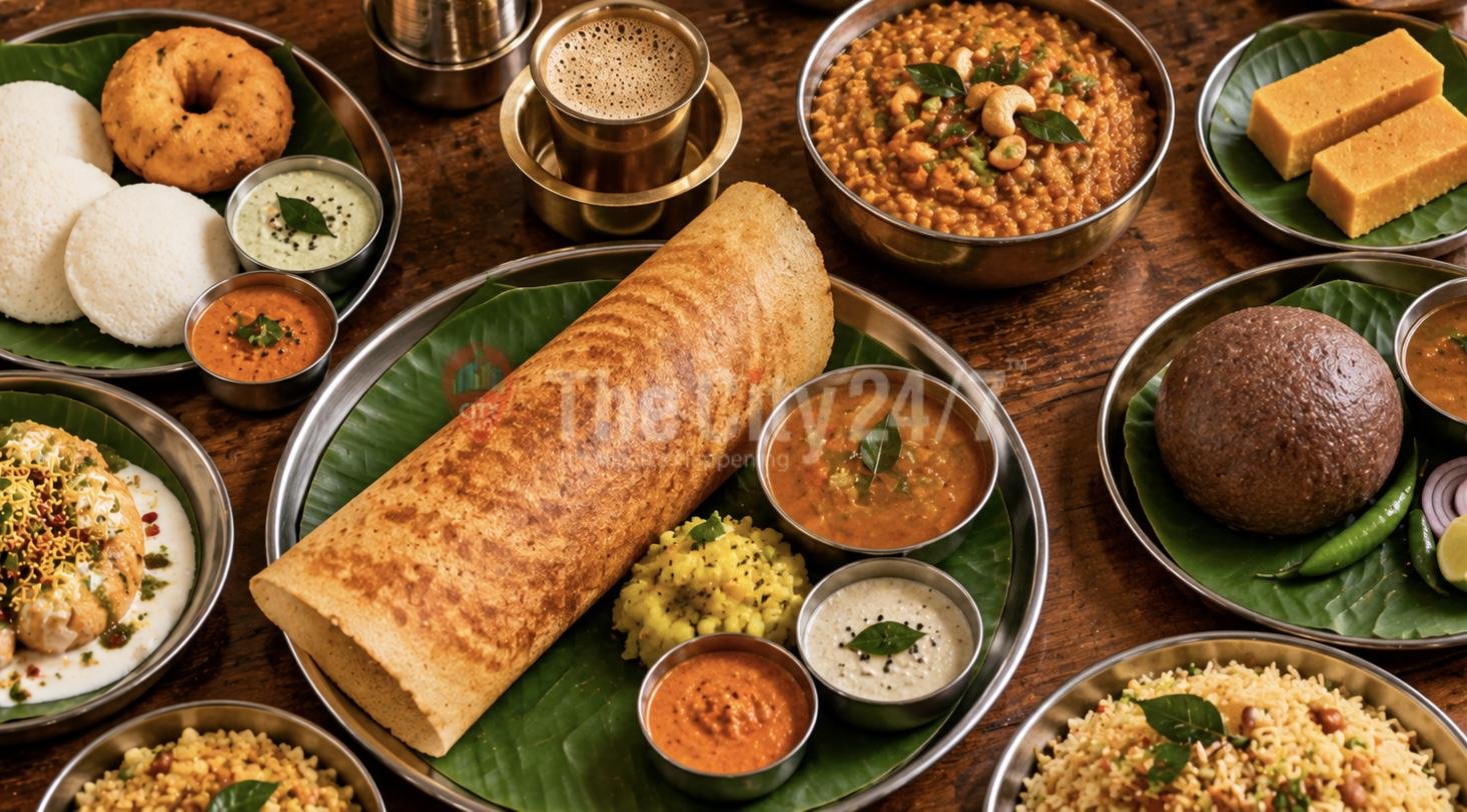 A spread of Karnataka dishes on banana leaves: masala dosa with chutneys, idli and vada, ragi mudde, bisi bele bath, Mysore pak and filter coffee