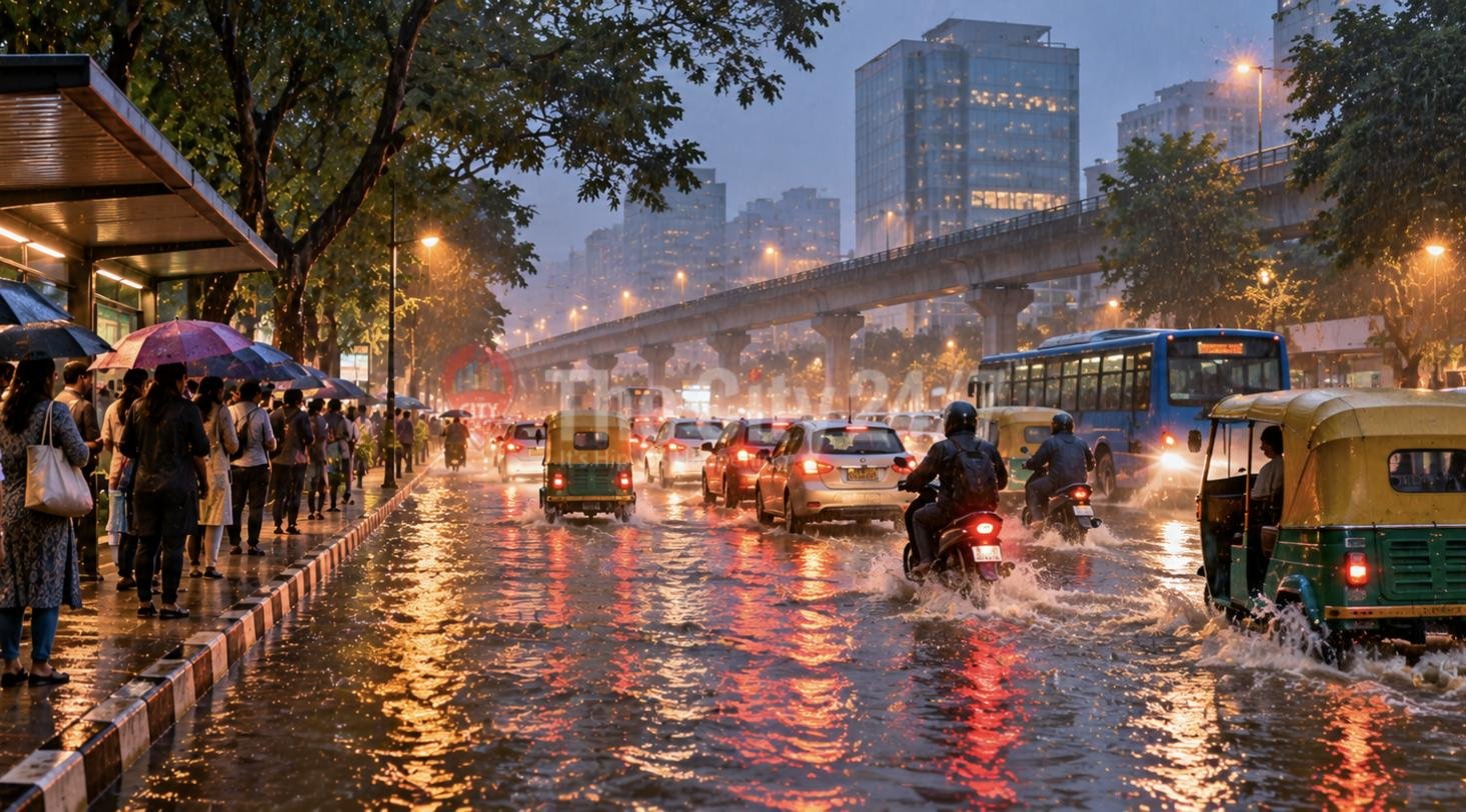 A rain-flooded city road at dusk with auto rickshaws, cars and bikes splashing through, commuters with umbrellas under a metro line