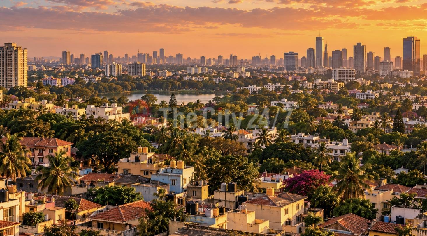 A sunset view over tree-filled residential neighbourhoods with tiled roofs and a lake, high-rises on the skyline
