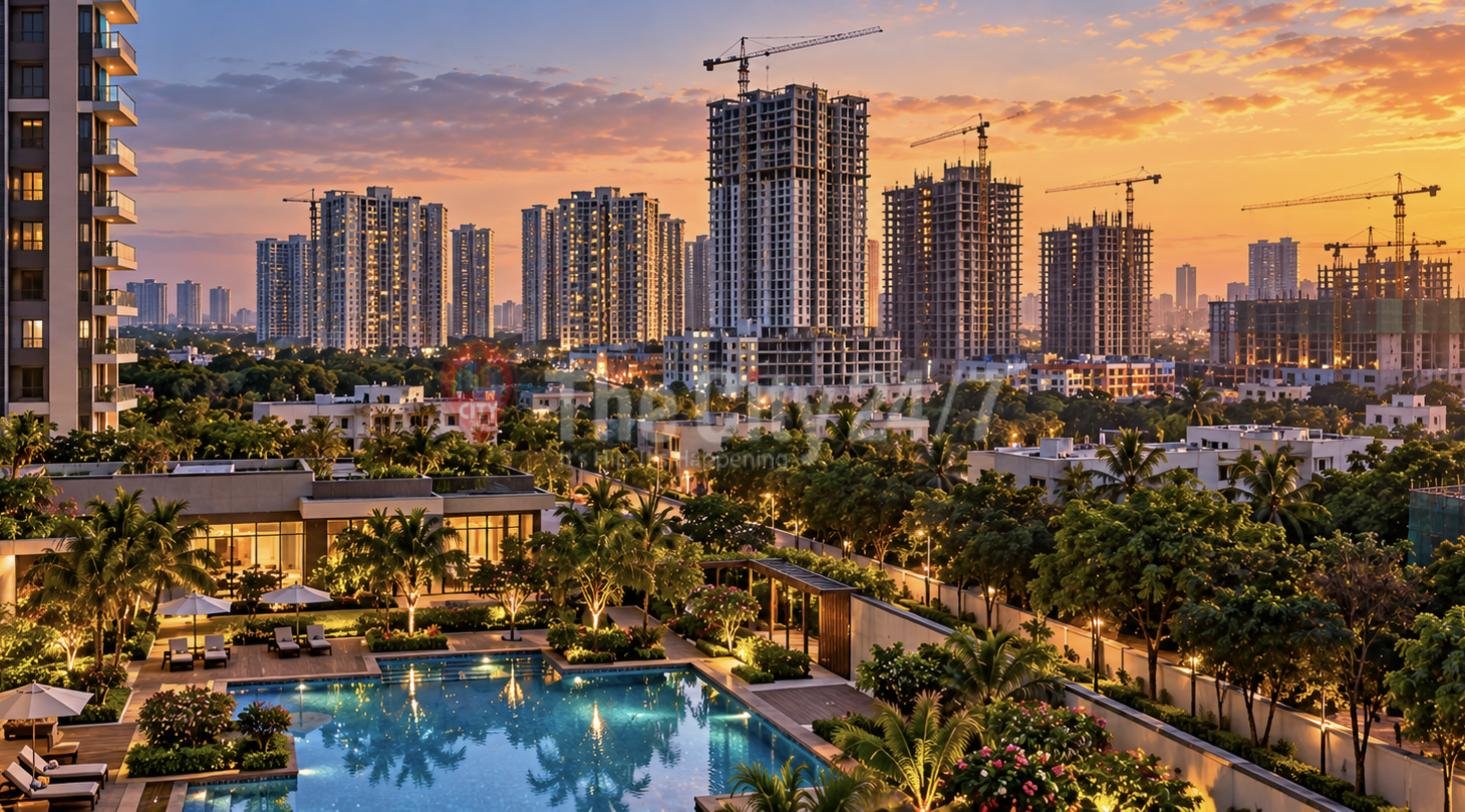 Residential towers under construction with cranes at sunset, behind a finished complex with a lit pool and gardens