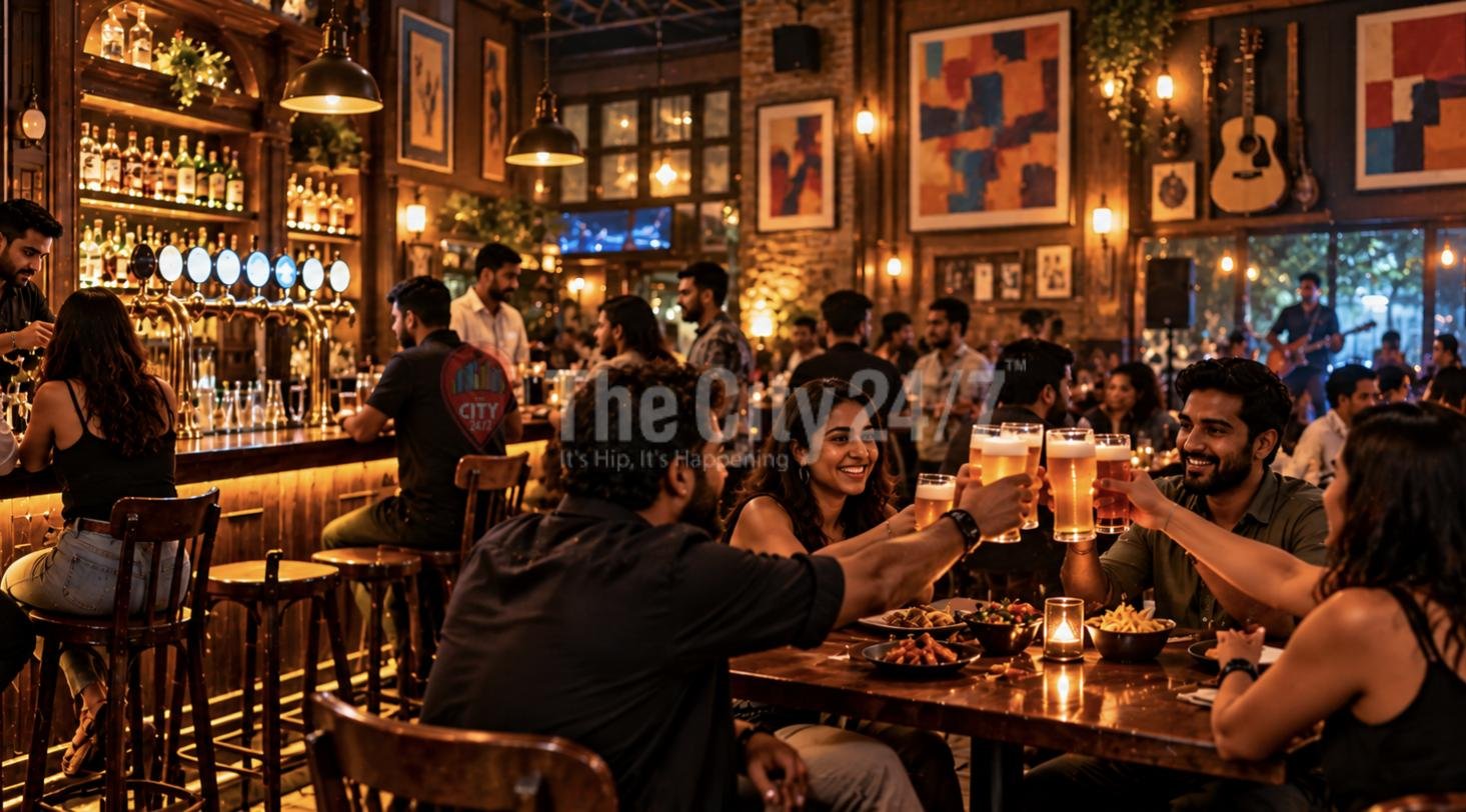 Friends clinking pints of beer over bar snacks in a busy pub with beer taps, artwork and a live guitarist