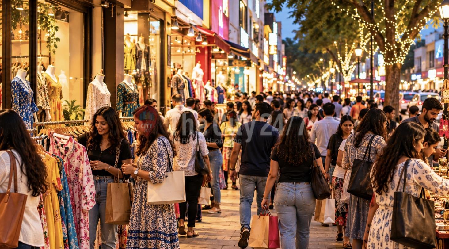 Shoppers with bags on a crowded evening shopping street lined with clothing stores and fairy-lit trees