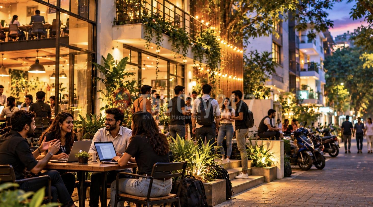 Young founders working on laptops and chatting at outdoor tables outside a lit coworking building in the evening