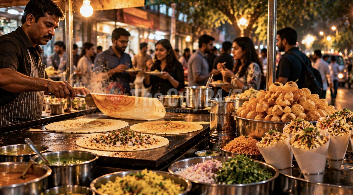 A street vendor folding a dosa on a griddle at a busy night food stall with pani puri, chaat cones and diners eating