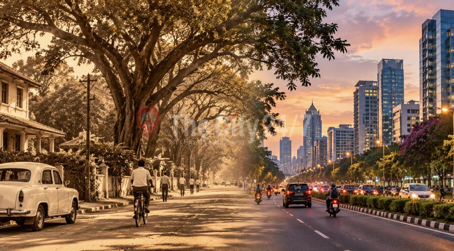 A street split between old and new: a vintage car, cyclist and colonial bungalow under old trees on one side, glass towers and traffic on the other