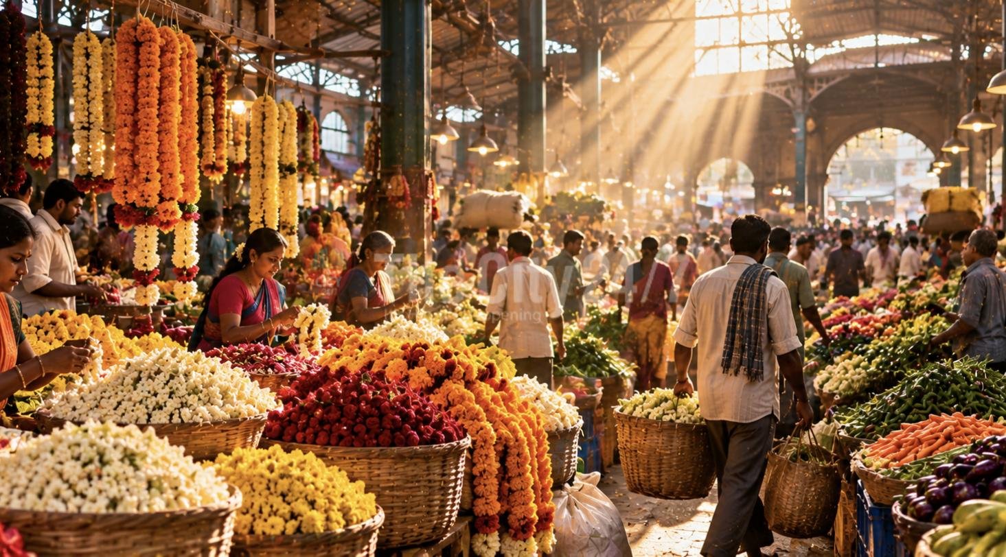 A sunlit covered market with baskets of jasmine and marigold, hanging flower garlands, vegetables and shoppers