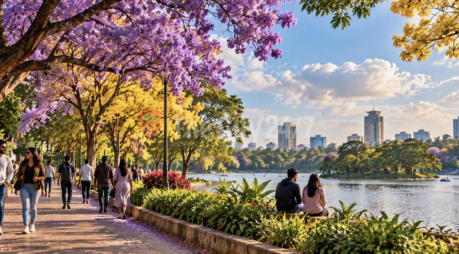 People strolling a lakeside promenade under purple jacaranda and yellow blossom trees on a bright day