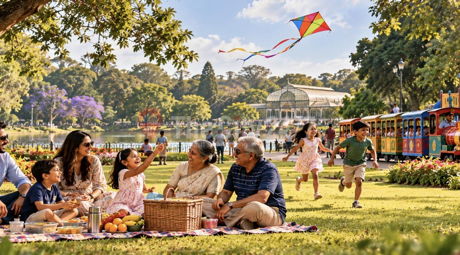 Three generations of a family picnicking on a park lawn, children running and flying a kite, a toy train and glasshouse behind