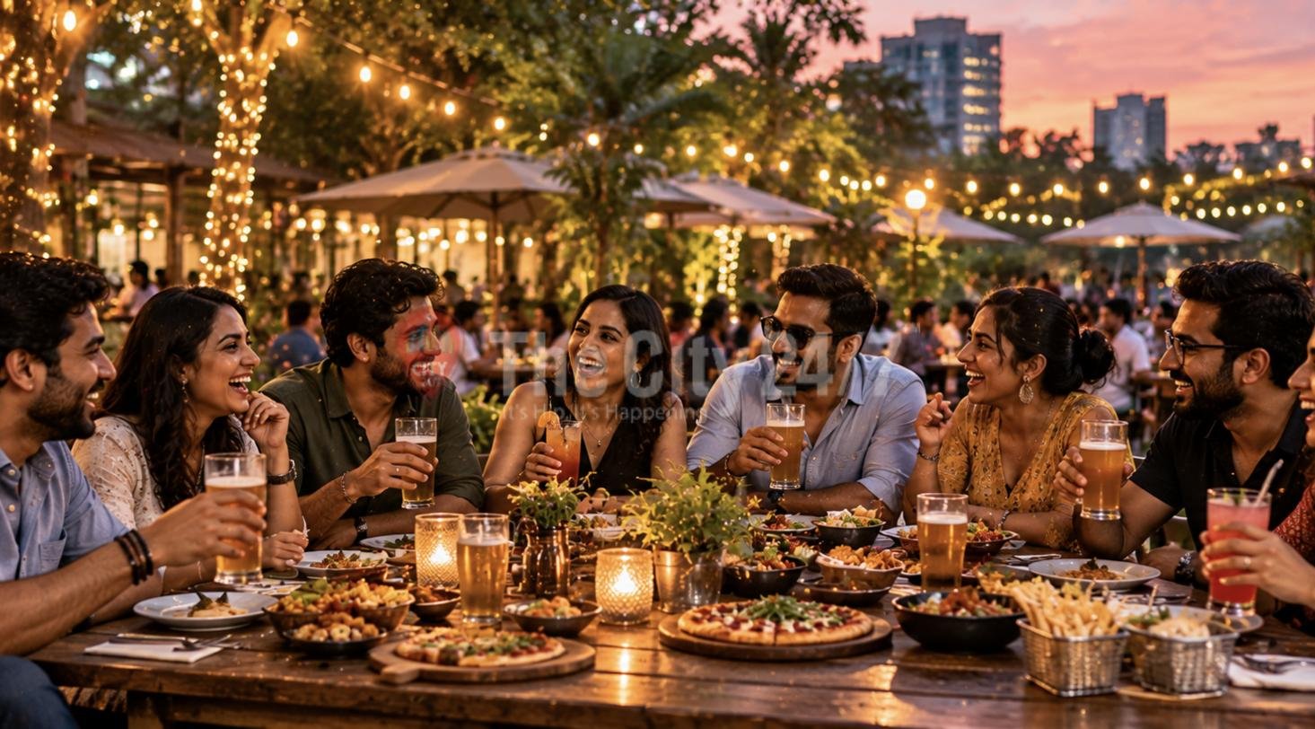 A big group of friends laughing and raising drinks over pizza and shared plates at a fairy-lit outdoor table at dusk