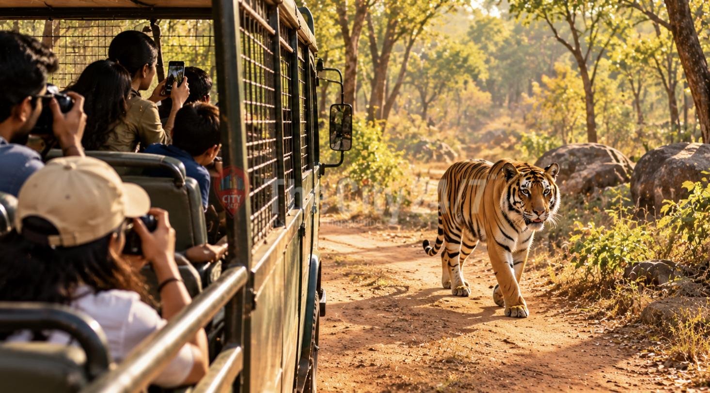 Visitors in a caged safari bus photographing a tiger walking along a forest dirt track