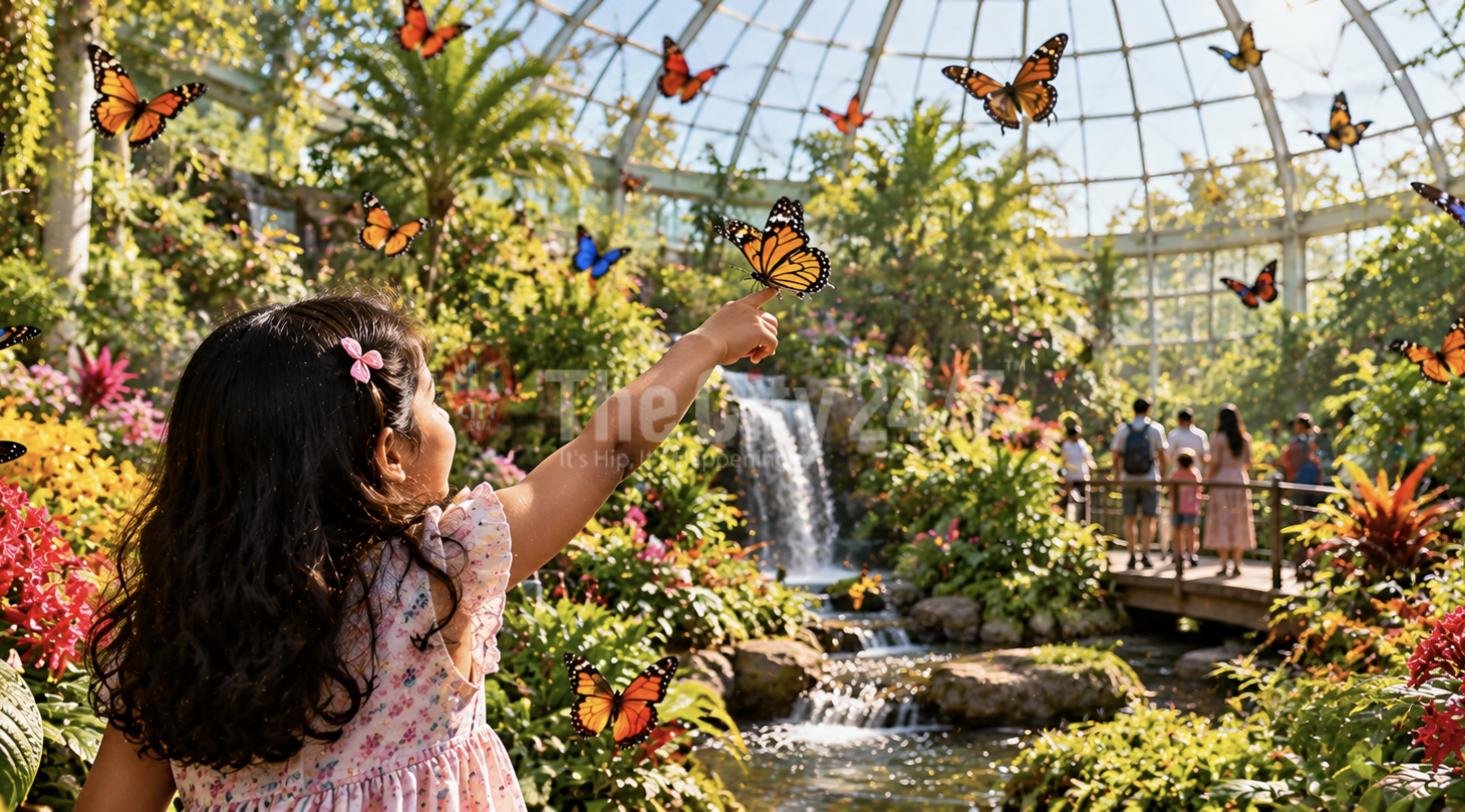A young girl reaching towards a butterfly inside a domed conservatory with tropical plants and a small waterfall